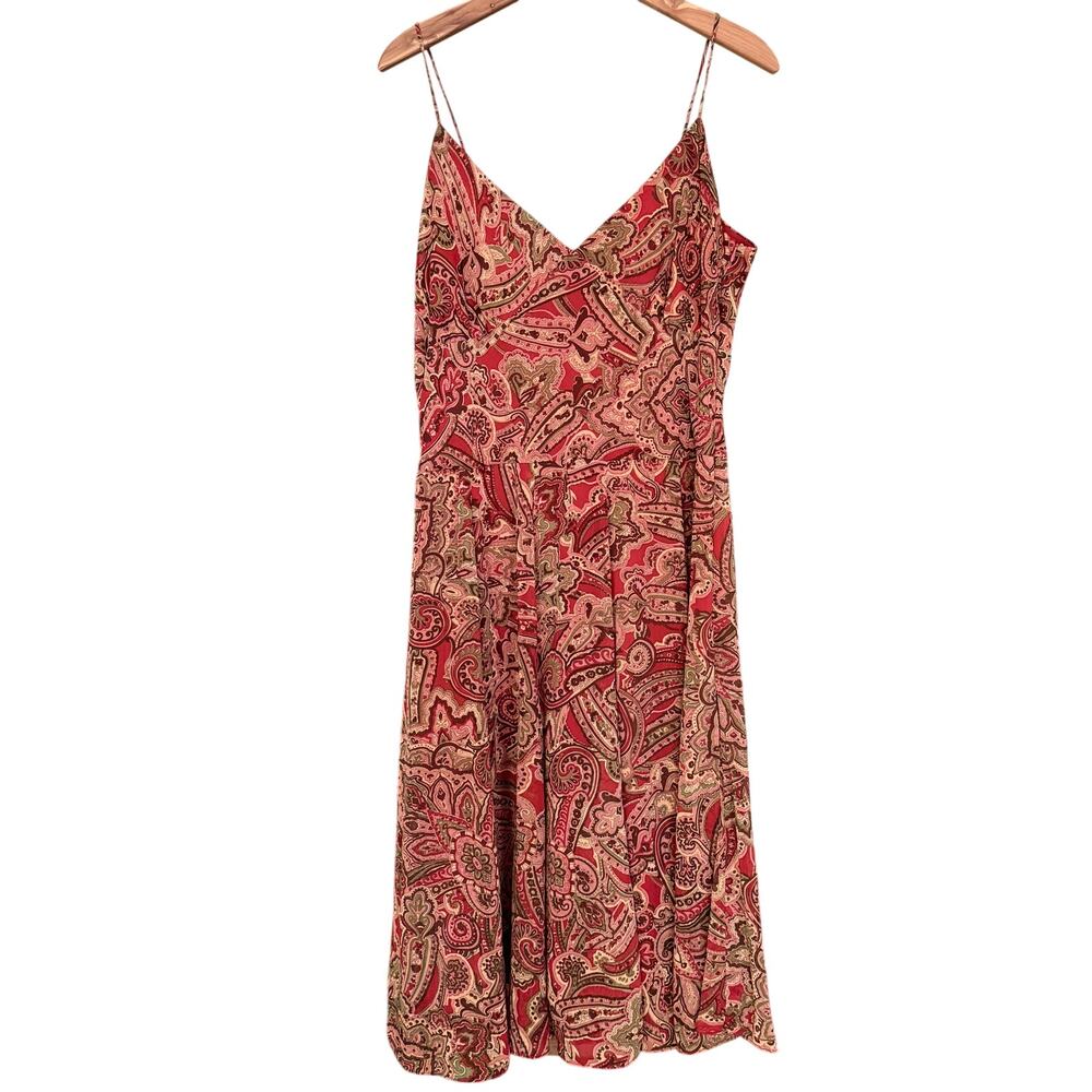 Sandra Darren Paisley Midi Dress Size 16 Red Boho Spaghetti Strap Flowy